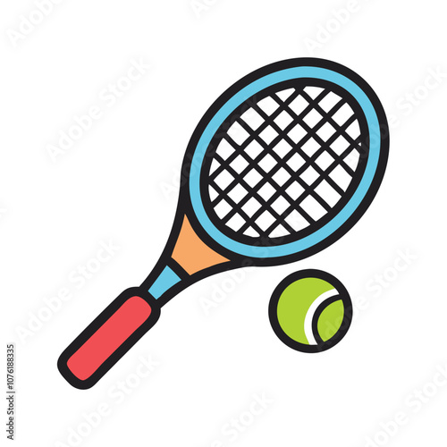 Tennis racket and ball icon illustration, Colorful vector illustration of a tennis racket and ball, representing sports equipment used in tennis matches and games.

