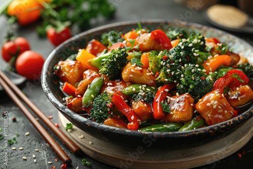 Stir-fried Chicken with Broccoli, Bell Peppers, and Sesame Seeds in a Black Bowl