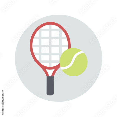 Tennis racket and ball icon illustration, Colorful vector illustration of a tennis racket and ball, representing sports equipment used in tennis matches and games.
