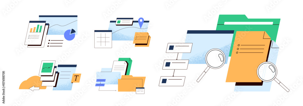 Concept set of data transfer. Storage, web archive of files, folders. Workflow of documents, papers. Analysis, download, backup of digital information. Flat isolated vector illustrations on white Concept set of data transfer. Storage, web archive of files, folders. Workflow of documents, papers. Analysis, download, backup of digital information. Flat isolated vector illustrations on white