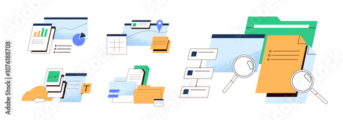 Concept set of data transfer. Storage, web archive of files, folders. Workflow of documents, papers. Analysis, download, backup of digital information. Flat isolated vector illustrations on white