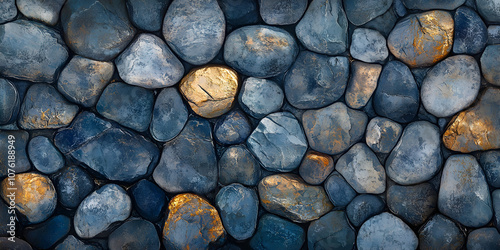 Wallpaper Mural Blue and Gold Pebble Wall: A close-up view of a wall constructed from smooth, rounded river rocks in shades of blue and gold, creating a captivating texture and color palette.   Torontodigital.ca