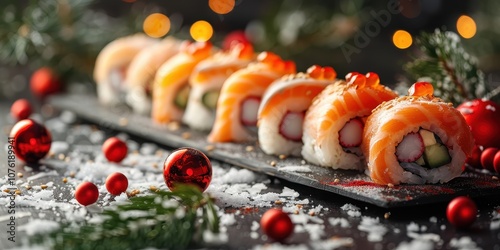 Rolls and sushi with New Years decorations on the table close-up