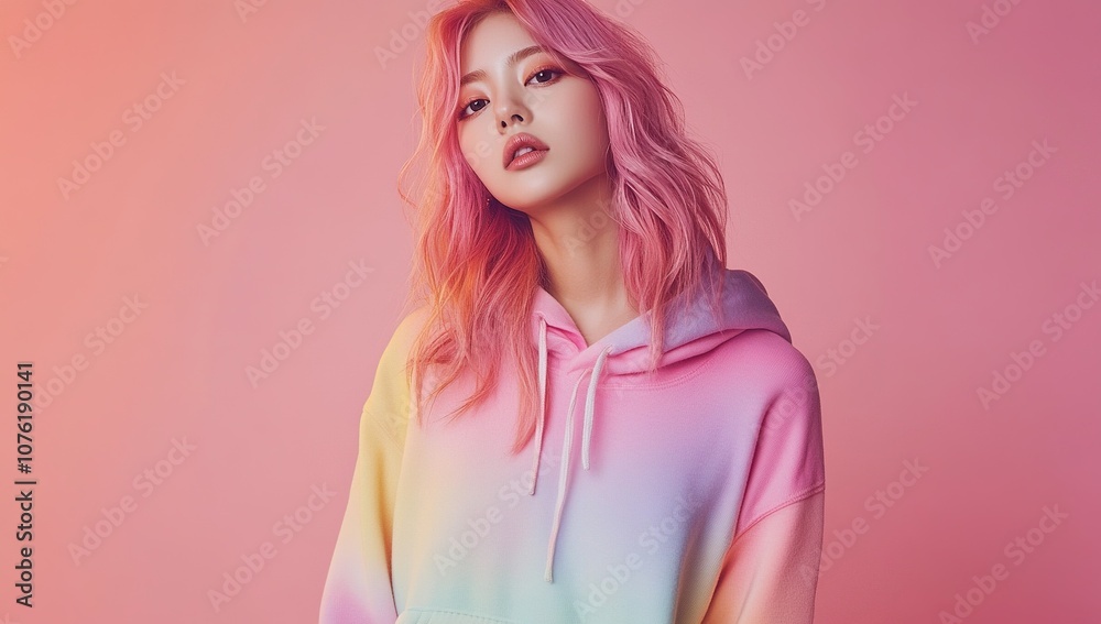An Asian woman with pink hair, wearing cat ears and a colorful hoodie, posing for the camera against a solid color background. An Asian woman with pink hair, wearing cat ears and a colorful hoodie, posing for the camera against a solid color background.