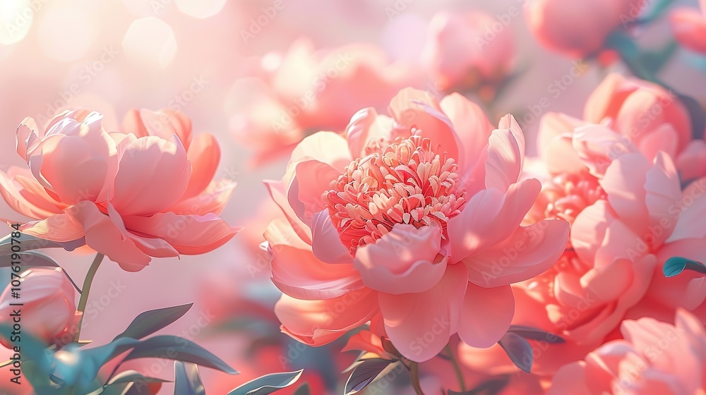 Beautiful pink peony flowers in the summer garden in sunny day, floral background.