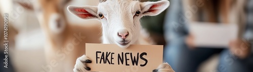 A goat holding a sign reading fake news.