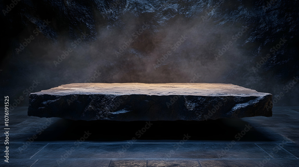 Dark 3D render of floating stone platform over misty landscape with starlit sky Dark 3D render of floating stone platform over misty landscape with starlit sky
