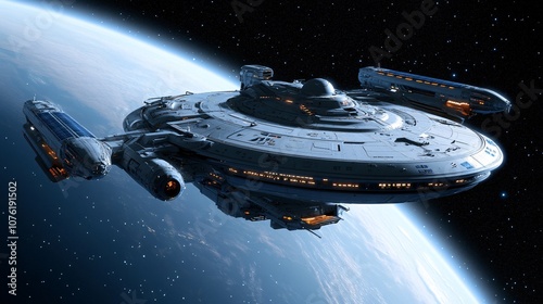 Fototapeta Naklejka Na Ścianę i Meble -  Futuristic Space Station Orbiting a Distant Planet