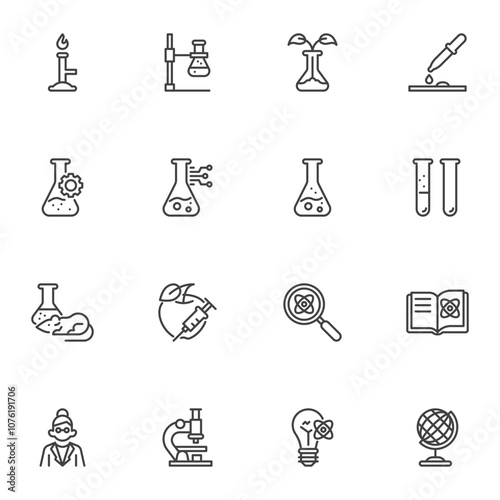 Science and scientific line icons set