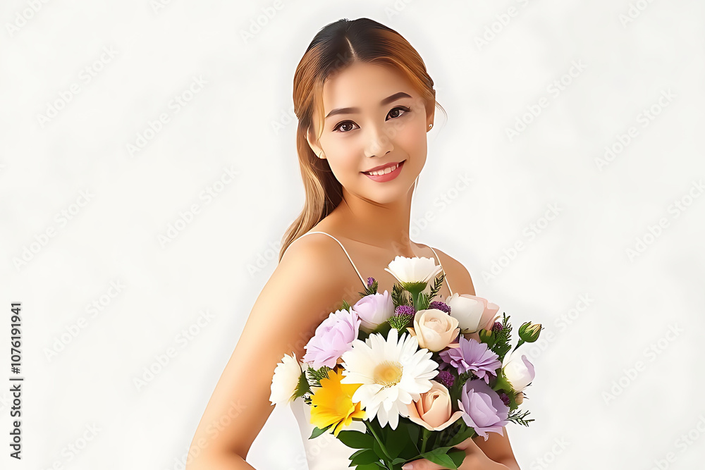 Beautiful woman holding a beautiful bouquet of flowers blank background
Beautiful woman holding a beautiful bouquet of flowers blank background
