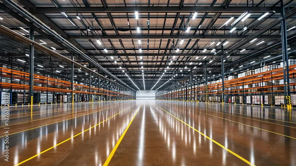 Empty Warehouse Interior with Shelves and Fluorescent Lights, lighting, industrial, storage, distribution, logistics Empty Warehouse Interior with Shelves and Fluorescent Lights, lighting, industrial, storage, distribution, logistics