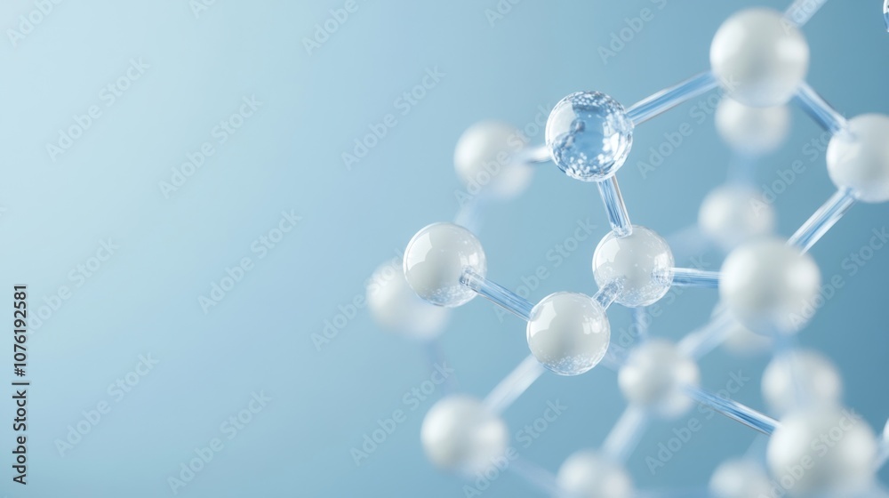 A detailed depiction of a molecular structure with distinct clear spheres interconnected by delicate bonds, illustrating molecular design A detailed depiction of a molecular structure with distinct clear spheres interconnected by delicate bonds, illustrating molecular design