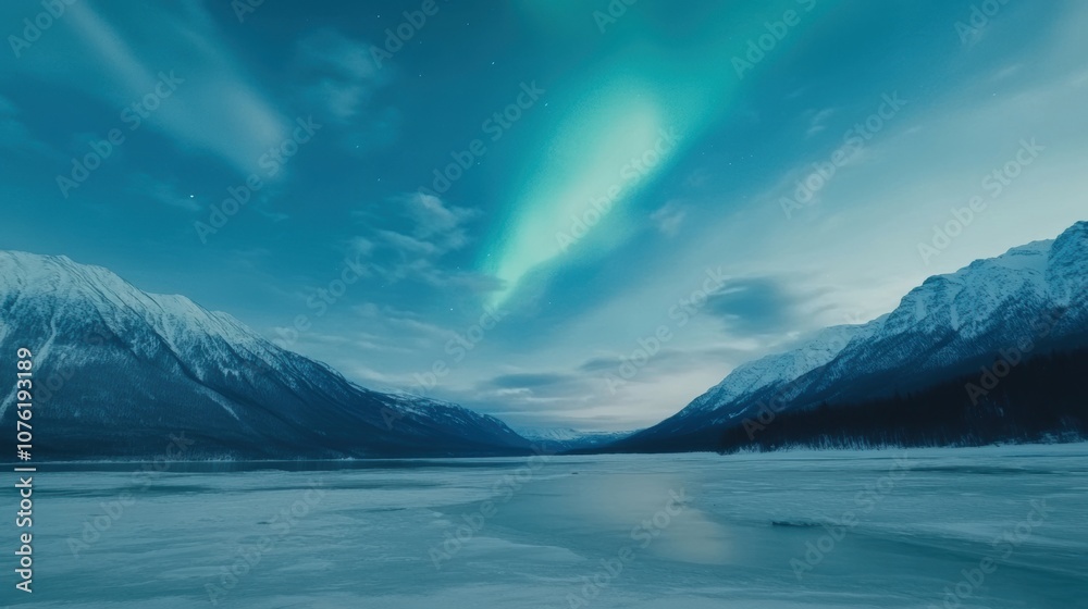 Auroras dance across the night sky, painting vibrant colors over the snowy mountains and reflecting on the still, frozen lake