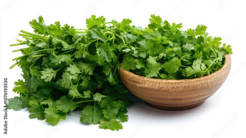 Fresh cilantro leaves in a bowl, perfect for enhancing culinary dishes isolated on white background Fresh cilantro leaves in a bowl, perfect for enhancing culinary dishes isolated on white background