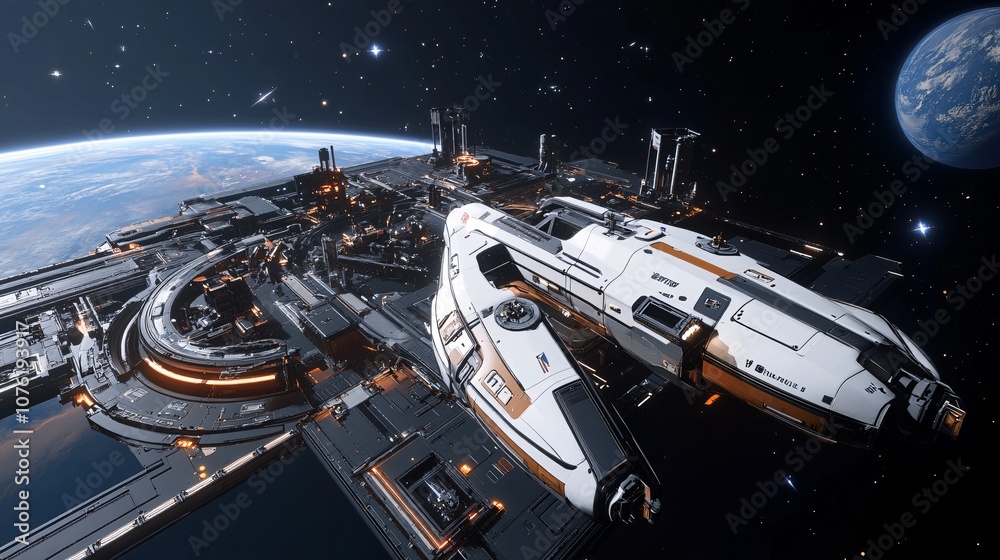 Obraz premium Futuristic Spacecraft Docking at Massive Space Station