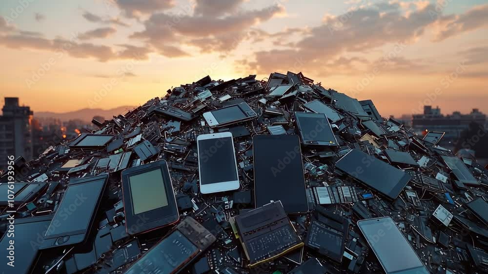 E-Waste Mountain at Sunset, electronic waste, mobile phones, smartphones, tablets, computer parts