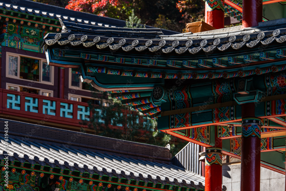 The exterior of the Buddhist temple building The exterior of the Buddhist temple building