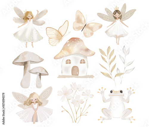 Fairy Garden Watercolor Set, Enchanted Forest, Spring Fairies, Flower, Neutral Colors