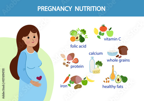 Pregnancy nutrition infographic. Pregnant woman cartoon character and health food.  High calcium, iron,  folate, protein products. Cartoon flat design vector  illustration.