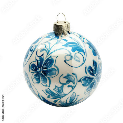 Glossy blue and white christmas ball, isolated on transparent background