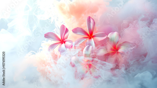 Pink and white plumeria flowers in a thick mystical colored smoke. The concept of the postcard for March 8 is International Women's Day. The thick billowing smoke creates a dreamy atmosphere