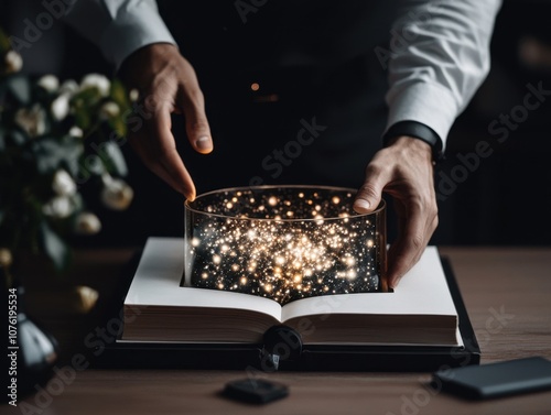 Growth through becoming a lifelong learner concept. A person opens a book that reveals a galaxy of stars and lights emerging, symbolizing knowledge, imagination, and creativity