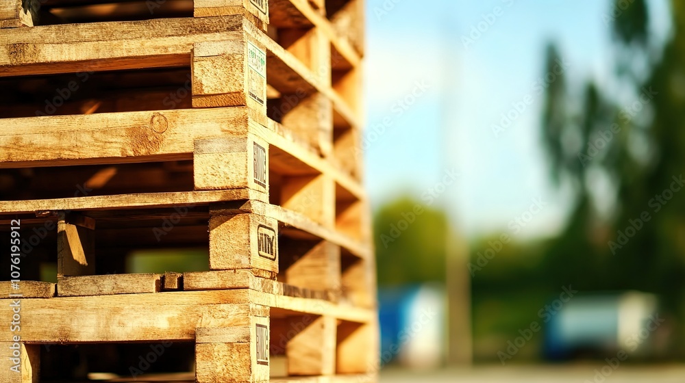 Stack of Wooden Pallets in a Warehouse with Soft Focus on Bright Background, Ideal for Transportation, Logistics, and Retail Industry Themes Stack of Wooden Pallets in a Warehouse with Soft Focus on Bright Background, Ideal for Transportation, Logistics, and Retail Industry Themes