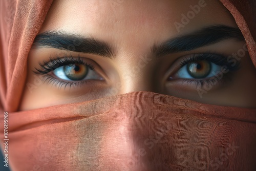 Headshot portrait of a woman in a hijab, showcasing her beautiful eyes and serene expression, with soft lighting highlighting her elegance and cultural pride