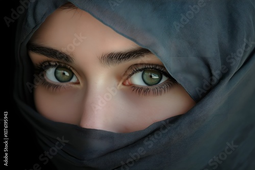 Headshot portrait of a woman in a hijab, showcasing her beautiful eyes and serene expression, with soft lighting highlighting her elegance and cultural pride