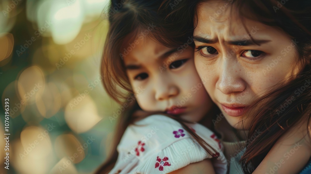 A mother holds her daughter protectively, both with worried expressions, conveying a sense of care and emotional connection. A mother holds her daughter protectively, both with worried expressions, conveying a sense of care and emotional connection.