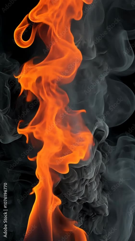 A column of fire and smoke rises against a black background