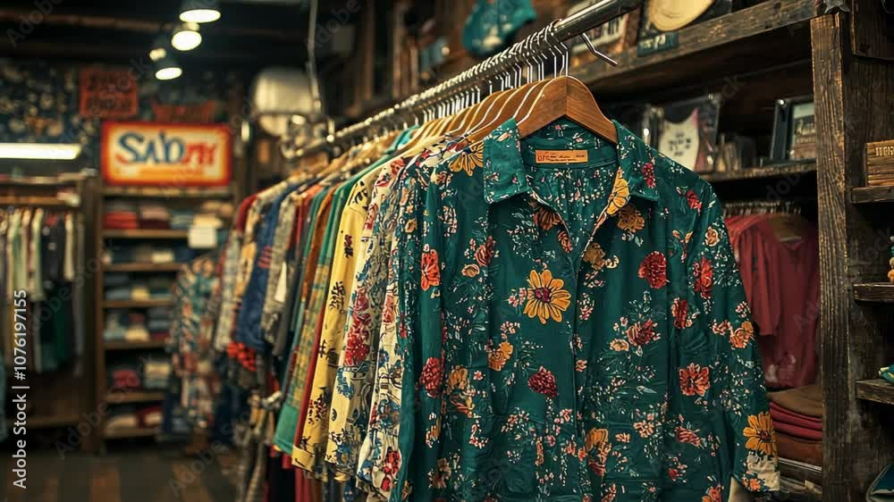Floral Shirt Hanging in a Clothing Store, retail, fashion, apparel, style, green shirt Floral Shirt Hanging in a Clothing Store, retail, fashion, apparel, style, green shirt