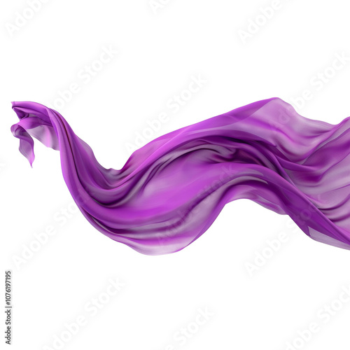 Flowing purple silk fabric draped elegantly, creating soft waves and folds on isolated background