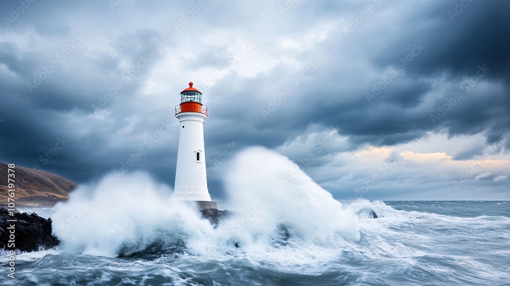 Dramatic Lighthouse on Cliff with Waves and Stormy Sky Dramatic Lighthouse on Cliff with Waves and Stormy Sky