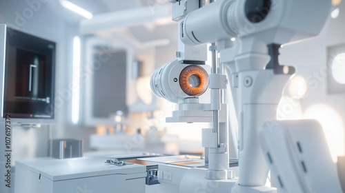 Modern medical scanner in a clinical setting. The scanner has a large circular opening at the top through which an object is being scanned. Laser eye correction to improve human vision.