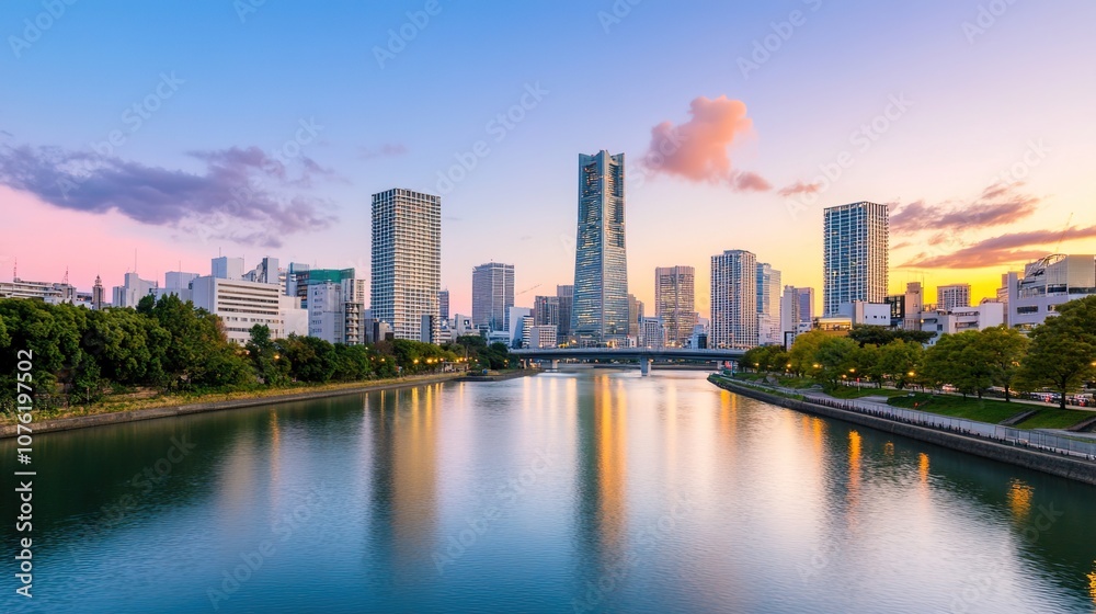 Serene Sunset View of Urban Skyline Reflected in Calm Water with Modern Buildings and Lush Greenery Along the Riverbank in a Vibrant City Setting Serene Sunset View of Urban Skyline Reflected in Calm Water with Modern Buildings and Lush Greenery Along the Riverbank in a Vibrant City Setting