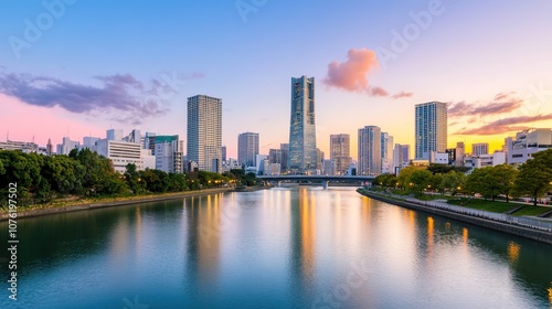 Serene Sunset View of Urban Skyline Reflected in Calm Water with Modern Buildings and Lush Greenery Along the Riverbank in a Vibrant City Setting