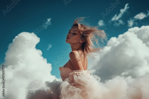 Beautiful girl enjoying a serene moment in the clouds.