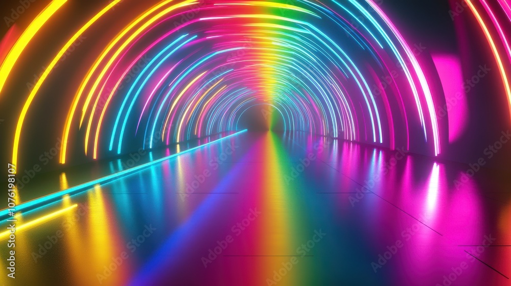 A vibrant tunnel filled with colorful neon lights reflecting off a shiny surface, creating a mesmerizing atmosphere.
