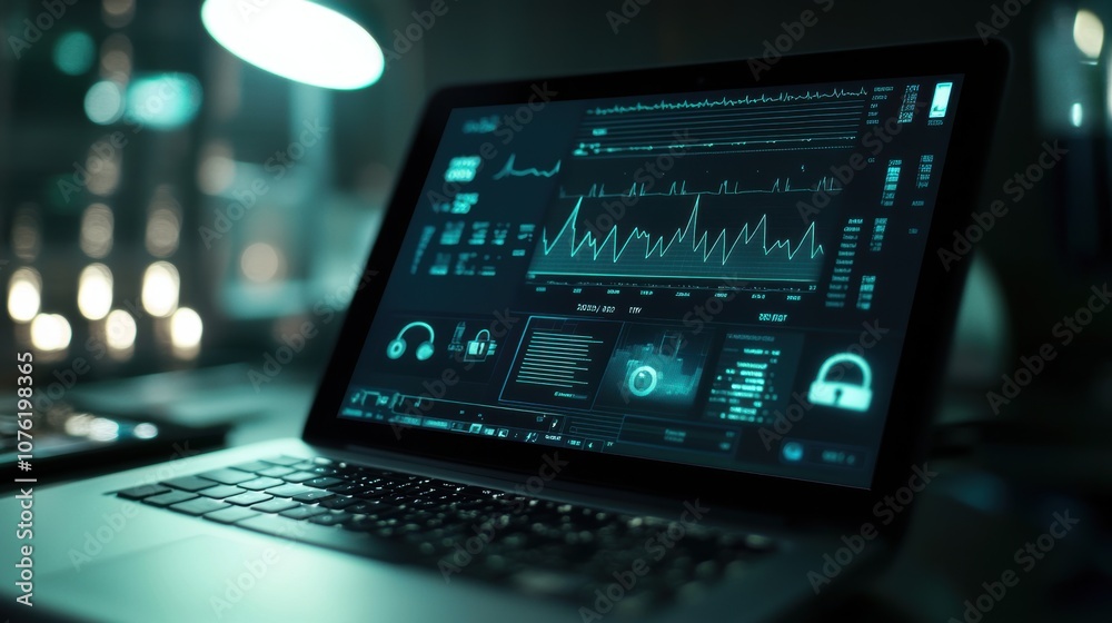 Close-up of a laptop displaying a medical data interface with health statistics and cyber protection icons, set in a modern workspace with a secure data overlay and detailed information visuals.