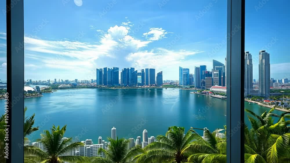 Modern Skyscrapers with Tropical View from Window, cityscape, buildings, architecture, urban, glass