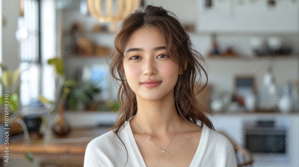Elegant young Asian woman with long brown hair, reflecting beauty and confidence Elegant young Asian woman with long brown hair, reflecting beauty and confidence