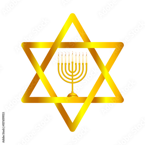 Vector illustration of Star of David with menorah in golden color on transparent background