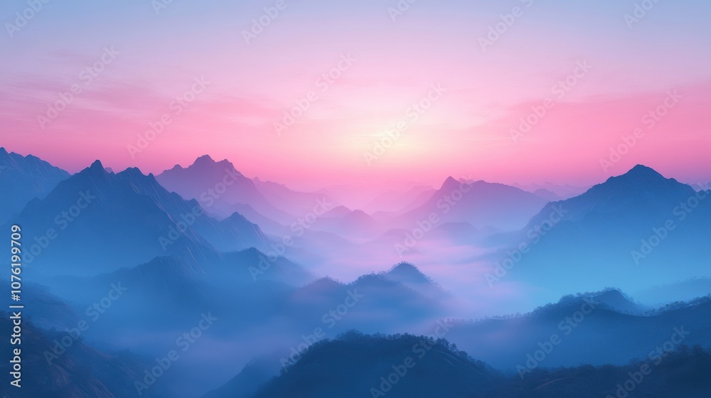 Obraz premium Breathtaking sunrise over misty mountains, showcasing vibrant pink and blue hues in a serene landscape.