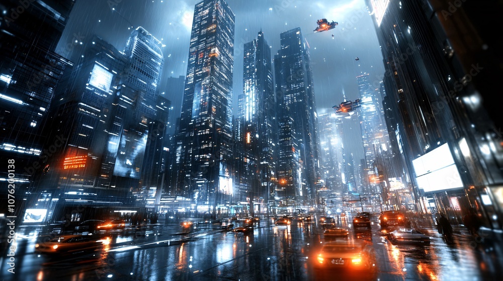 Alien Metropolis with Towering Skyscrapers and Flying Cars Alien Metropolis with Towering Skyscrapers and Flying Cars