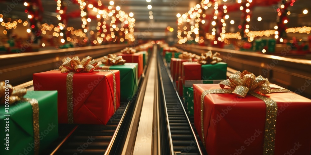 A festive scene featuring colorful wrapped gifts on a conveyor belt, surrounded by vibrant holiday lights, embodying the spirit of Christmas. A festive scene featuring colorful wrapped gifts on a conveyor belt, surrounded by vibrant holiday lights, embodying the spirit of Christmas.