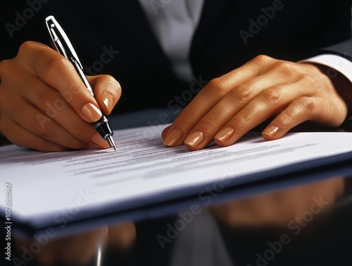 Close up of a woman signing a document.