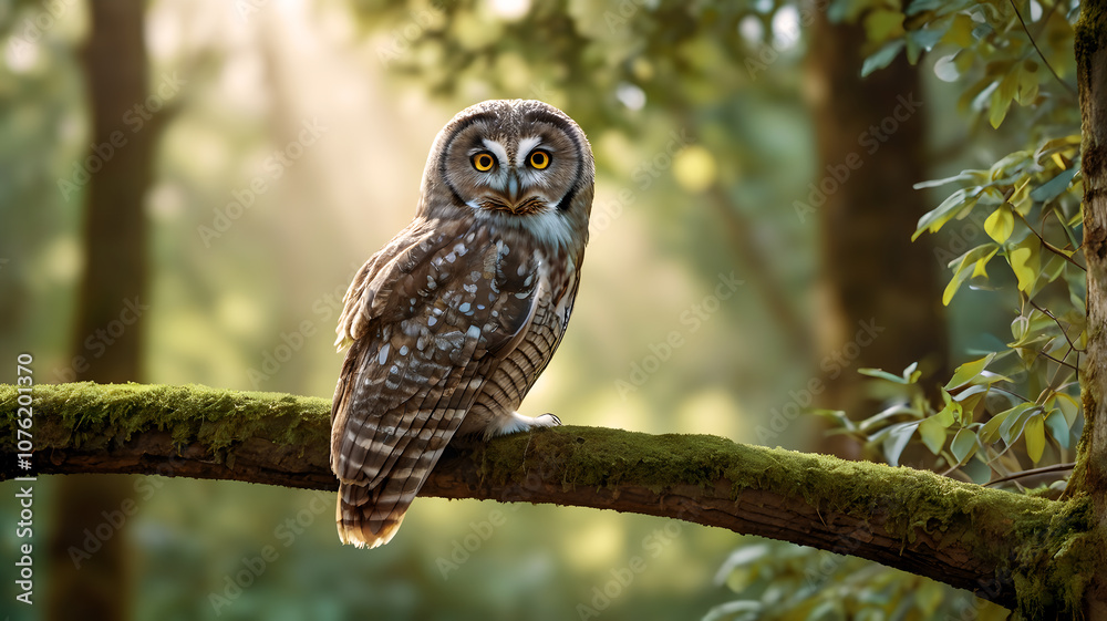 Fototapeta premium Owl sitting in a tree in the forest
