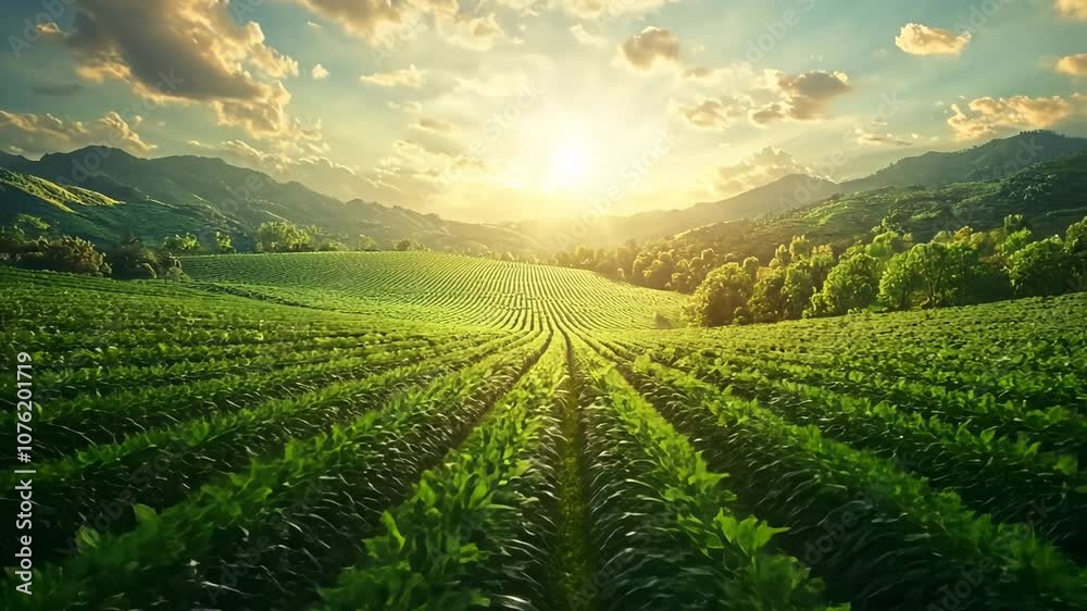Green Field with Sunset Over Hills, farm, sunrise, sky, clouds, mountains Green Field with Sunset Over Hills, farm, sunrise, sky, clouds, mountains