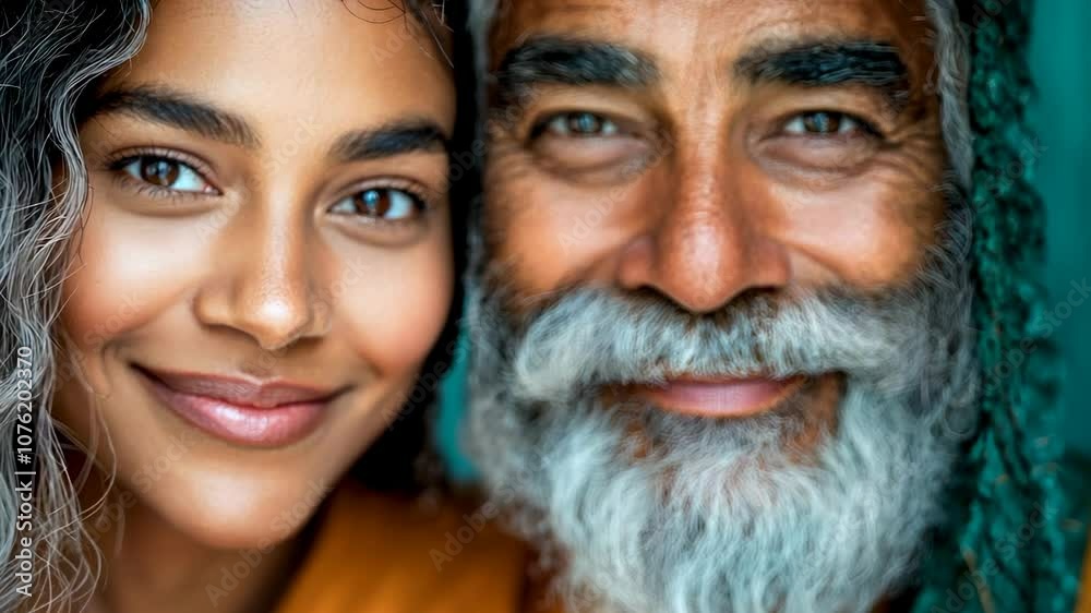 Close-up portrait of a young woman and an older man, smiling and looking at the camera, close up, female, senior, adult, happy